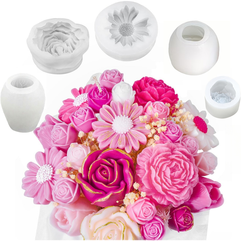 Candle Making Kit Wholesale - 5 Çiçekli Mum Kalıp Seti, 3D